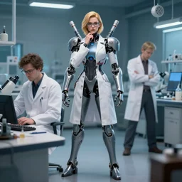 karol bak and tom bagshaw and artgerm full body character portrait of a beautiful nerdy scientist wearing glasses, at a work desk thinking intensely, wearing combination of lab - coat and mecha suit, cybernetic hands, laboratory in the background, artstation, detailed character concept, unreal engine, hyper realism, 4 k digital camera, sharp focus, movie still