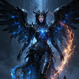 full shot of a beautiful angel covered by black oil, venomize, intricate lights, gas, blue light, phoenix, bio luminescent, plasma, by ruan jia and artgerm and range murata and wlop and ross tran. key art. fantasy illustration. award winning, artstation, intricate details, realistic, hyperdetailed, vibrant lights.