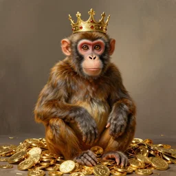 monkey wearing a crown and sitting in a pile of gold, masterpiece, digital painting, elegant, high detailed