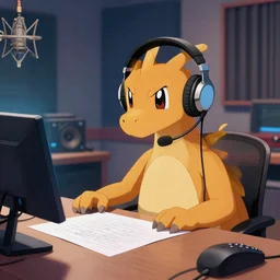 dragonair wearing a headset at a table with paper in front of them recording their next single in the studio, digital art, high quality illustration