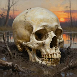 a detailed and accurate masterpiece painting of a skull deep in mud in a swamp at sunset, sharp detail, by tyler edlin, noah bradley, john j. park, jordan grimmer trending on artstation