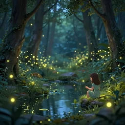 a whimsical fairyland with a pond, fireflies, bokeh, thomas kinkade style art