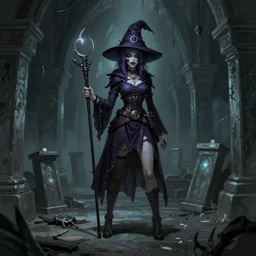 zombie wizard girl character standing in crypts, 3 point perspective, Created by Artgerm