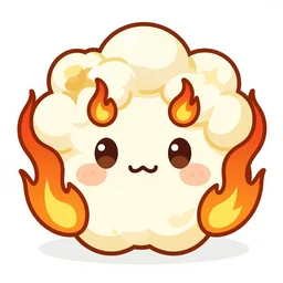 vector anime chibi style character of a piece of fluffy popcorn with a smiling face and flames for hair, clean composition, symmetrical