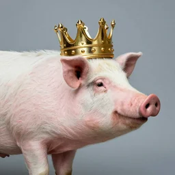 Sideview Portrait of pig wearing a gold crown on it's head Shepard Fairey