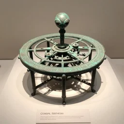 a martian artifact of a mechanical astrological machine in a museum with a description placard, bronze, old, alien, verdigris, mechanical, museum display