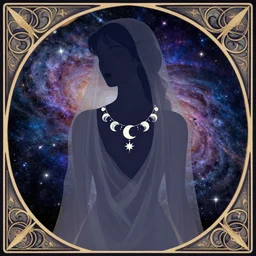 a portrait of a galaxy as an androgynous dark fairy spirit wearing a necklace of moons and stars, draped in transparent cloth, flat colors, occult, minimal, swirly, bust by alphonse mucha, decorative art deco border, astrophotography, vast cosmos, digital illustration overlayed on photography, trending on artstation