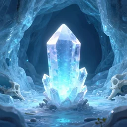 subtle glowing crystal, 3d render, resting on the ground of a cerulean cave, walls of ice and bone, realistic, anime inspired, high octant render, smooth lighting,