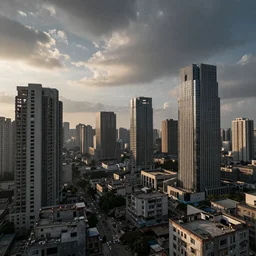 A panorama of an ruined high-tech city, there are sparse signs of human activity. Day break. Dramatic sky. 4K.