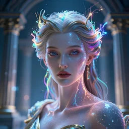 a cyberpunk close up portrait of enchanting cyborg athena, electricity, rainbow, sparks, bokeh, soft focus, sparkling, glisten, water drops, cold, dark, geometric, temples behind her, by paul lehr, jesper ejsing