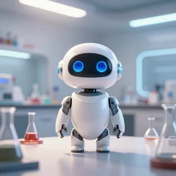 a cute rounded tiny robot looking up to the camera in awe, made out of shiny white metal, standing on a lab table surrounded by lab tools, photograph, white neon lighting, pixar style, futuristic, science fiction