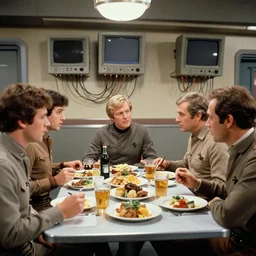 Film still of a mess hall in a 1970s scifi movie, food on the table, drinks, bottles, monitors with wires on the wall, bright cinematic lighting, Cinestill colour cinematography, anamorphic