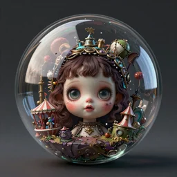 ultra realist octane render of a floating transparent glass sphere filled with a dark curiosities carnival scene mixed with a cute dollpunk face portrait made by Tom Bagshaw, reflection and refraction, symmetry accurate features, very intricate details, artstation