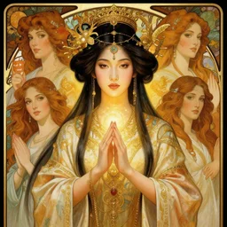 symmetrical portrait painting, asian shamanic priestess, higher self, fantasy art, beautiful face, gorgeous, magic, cinematic lighting, extremely detailed, sharp focus, by thomas kinkade, lise deharme, hans zatzka, george stubbs, louis wain, alphonse mucha, intricate, beautiful, award winning, trending on artstation, pixiv