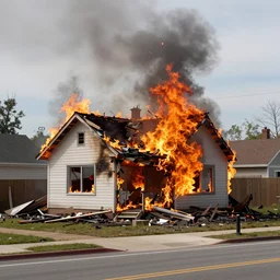a photo of a house burning down in the background and one punch man with an eerie expression in the foreground, strong depth of field