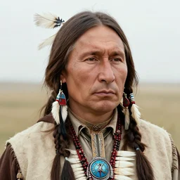 Photo of Native American indian man Vladimir Putin, portrait, skilled warrior of the Apache, ancient, realistic, detailed, Emma Watson
