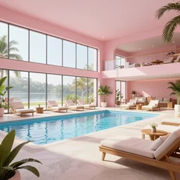 A beautiful lounge area with floor to ceiling glass windows and a large pool with sunbeds, pink walls, highly detailed, octane render
