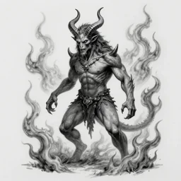 full body grayscale drawing by Anato Finnstark of horned demon in 3/4 view, swirling flames