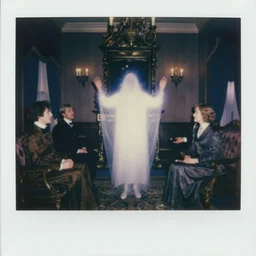 a 1 9 8 5 color polaroid of a seance in a victorian parlor captures the image of a ghostly apparition, energy photography, auras, aged photo, authentic