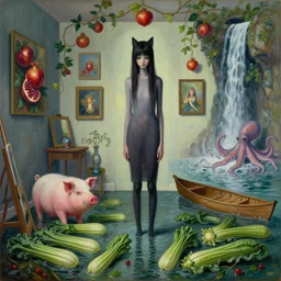 painting of a flooded artist's apartment and a tall emo catgirl, magical courgettes, a pig, paintings on the wall, pomegranates, vines, waterfall, octopus, canoe, berries, zen, sensual, surrealist painting by magritte and rousseau and monet