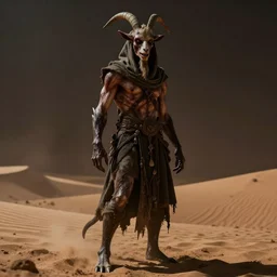terrific jinn demon in middle of desert with hoof on his feet and goat face with long cloth, horror, dark atmosphere, harsh lighting, cinematic lighting, scary, award wining art, artstation, high details, concept art, 4 k