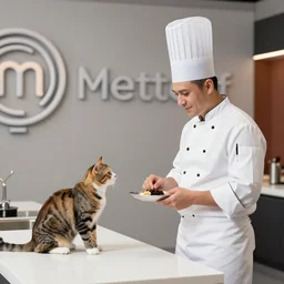 anthropomorphic cats chef competing at the Masterchef TV show, studio shot