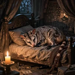 cute possum sleeping on a bed in a medieval cluttered cottage at night under the dim light of a candle,  dark fantasy, dreaming illusion, trending on artstation