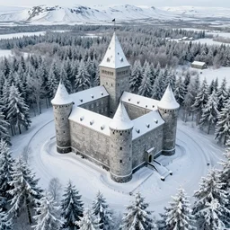 a large castle in iceland, snowy forest, 4 k resolution, octane render, unreal engine, ultradetailed, photorealistic, ultrarealism, trending on artstation, view from drone