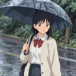 a beautiful anime girl standing in the rain by sasucchi95, trending on artstation, instagram, studio ghibli, UHD