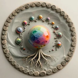 circular border with curly symmetrical designs colorful sphere, concept art, nature, fractals, depth of field, roots, fluid simulation in houdini, subsurface scattering, volumetric, natural muted tones, trending on artstation, rendered in octane, cgsociety