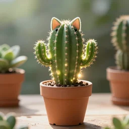 magical cute cat cactus shaped as a cat, in a pot, on the table, herbology, hd photography, coherent, intricate, radiant light