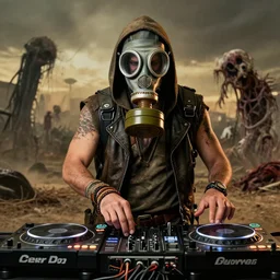 gas mask mad max survivalist DJing with DJ turntables, in a wasteland zombie apocalypse