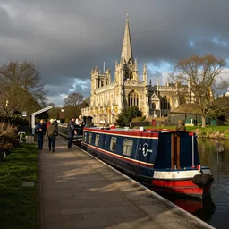 a canal boat station platform, passengers boarding the next boat to canterbury