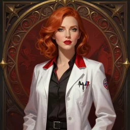 christina hendricks as a confident scientist, wearing a labcoat, red white and black color scheme, deep focus, d & d, fantasy, intricate, elegant, highly detailed, digital painting, artstation, concept art, matte, sharp focus, illustration, hearthstone, art by artgerm and greg rutkowski and alphonse mucha