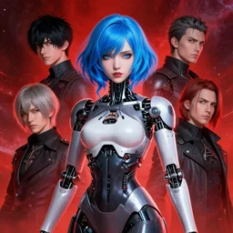 highly detailed portrait of a beautiful automaton lady with blue wavy hair, by dustin nguyen, akihiko yoshida, greg tocchini, greg rutkowski, by kaethe butcher, 4 k resolution, nier : automata inspired, bravely default inspired, vibrant but dreary but upflifting red, colourful colour scheme!!! ( ( space nebula background ) )