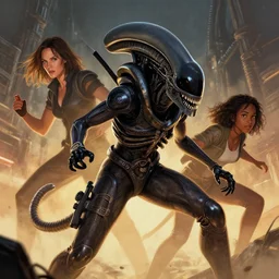 ! a woman who looks like a mix between sigourney weaver and an asuan teenaher!!! a ripley from the movie alien!! digital illustration portrait design by, mark brooks and brad kunkle detailed, gorgeous lighting, wide angle action dynamic portrait
