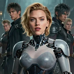 a fancy portrait of a Scarlett Johansson as robot by Greg Rutkowski, Sung Choi, Mitchell Mohrhauser, Maciej Kuciara, Johnson Ting, Maxim Verehin, Peter Konig, final fantasy , mythical, 8k photorealistic, cinematic lighting, HD, high details, atmospheric,