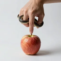 hyperrealistic hand with a snake in between the fingers and an apple