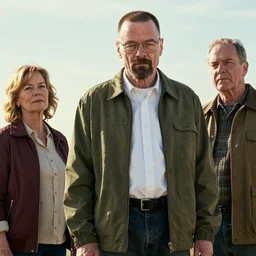 a film still of walter white standing with his parents breaking bad, walter white's mother and father next to him in breaking bad, realistic, hyperrealistic, ultra realistic, real, real world, highly detailed, very detailed, extremely detailed, intricate details, 8 k resolution, hd quality, film still