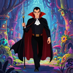 Dracula traveling through a beautiful psychedelic multiverse, art by Greg Rutkowski, cartoon, post-processing, fantasy, masterpiece, vivid colors, trending on artstation