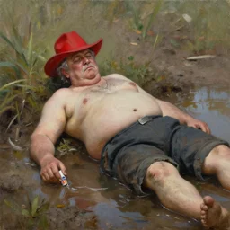 fat old man with red hat lying in a puddle, with pbr in hand, oil painting