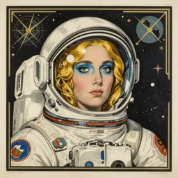 a victorian drypoint print, the actress, eva green in space, art by coles phillips, eva green as a french astronaut from the 2 5 th century, blonde hair, blue makeup, green eyes, reflective visor, space agency decals, shiny helmet, mucha, kandinsky, art deco, dark deco, sputnik, space race, the future