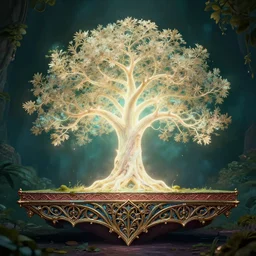 lateral cross - section view. magical glowing tree of life, centralized, ethereal, rich estate, fantasy, smooth, sharp focus, high detailed digital art, ultra wide shot, lush colors, in the style of greg rutkowski and hans zatzka, digital art, sharp focus, highly realistic, exquisite ornate metal gothic icon heavy patina, delicate, the secret of nihm