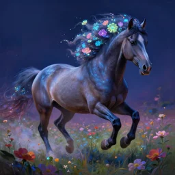 a stunning digital painting of a horse with a mane of bioluminescent flowers running through a field of flowers by greg rutkowski, neonpunk, volumetric light, digital art, fine detail, photorealistic