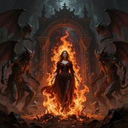 Purgatory, fire вevil woman in hell. The gateway to the infernal underworld. Devils demons, highly detailed, digital painting, artstation, concept art, smooth, sharp focus, illustration, art by artgerm and greg rutkowski and alphonse mucha