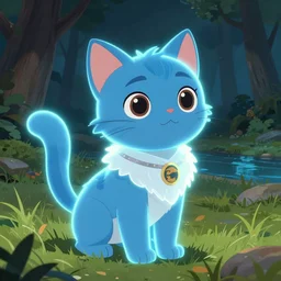 illustration of a glowing cute blue warrior cat in grassy field, tree, river, detailed concept art, artstation, warrior cats, shading, hd