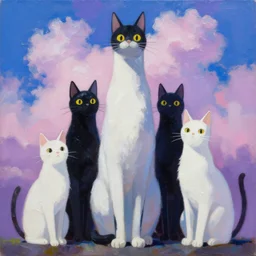 highly detailed contemporary acrylic painting of really tall sitting cats by makoto shinkai, thick brush strokes and visible paint layers, glistening clouds in background, purpleb blue black, white and pink color scheme