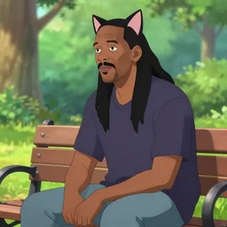 3 d photo of bill cosby with cat ears and long hair looking to her side, sitting on a bench with a park behind her, bokeh, shader, anime art style, highly detailed, cel - shaded, colorful, animated, trending