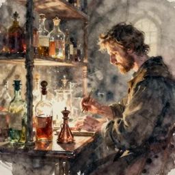 paint brush strokes, abstract watercolor painting of medieval pharmacy, glass bottles, copper, backlit ambient light, dust, art by hans dahl, by jesper ejsing, art by anders zorn, wonderful masterpiece by greg rutkowski, cinematic light, american romanticism by greg manchess, creation by tyler edlin
