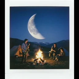 a very high resolution image from a new movie. polaroid of an half moon in the mountains while people are camping. camp fire, playing sax 2 4 mm, polaroid, vintage, photorealistic, photography, night directed by wes anderson
